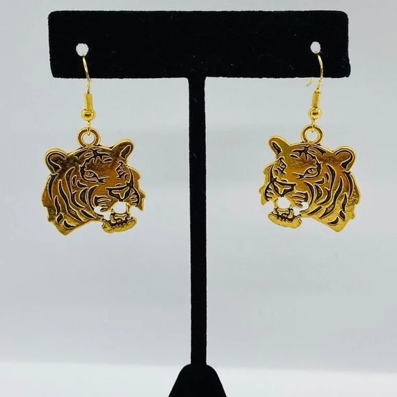 New Golden Etched Tiger Earrings | Auburn Tigers | LSU | Clemson Mascot Football - Picture 12 of 16